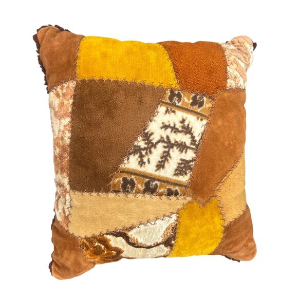 VTG Patchwork Throw Pillow 14” Brown Orange Yellow Striped Retro Boho Velour 70s - Picture 1 of 16